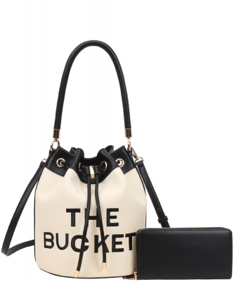 The Bucket Draw String Embroidery Hobo -Shoulder Bag with Wallet BL-9153W BLACK